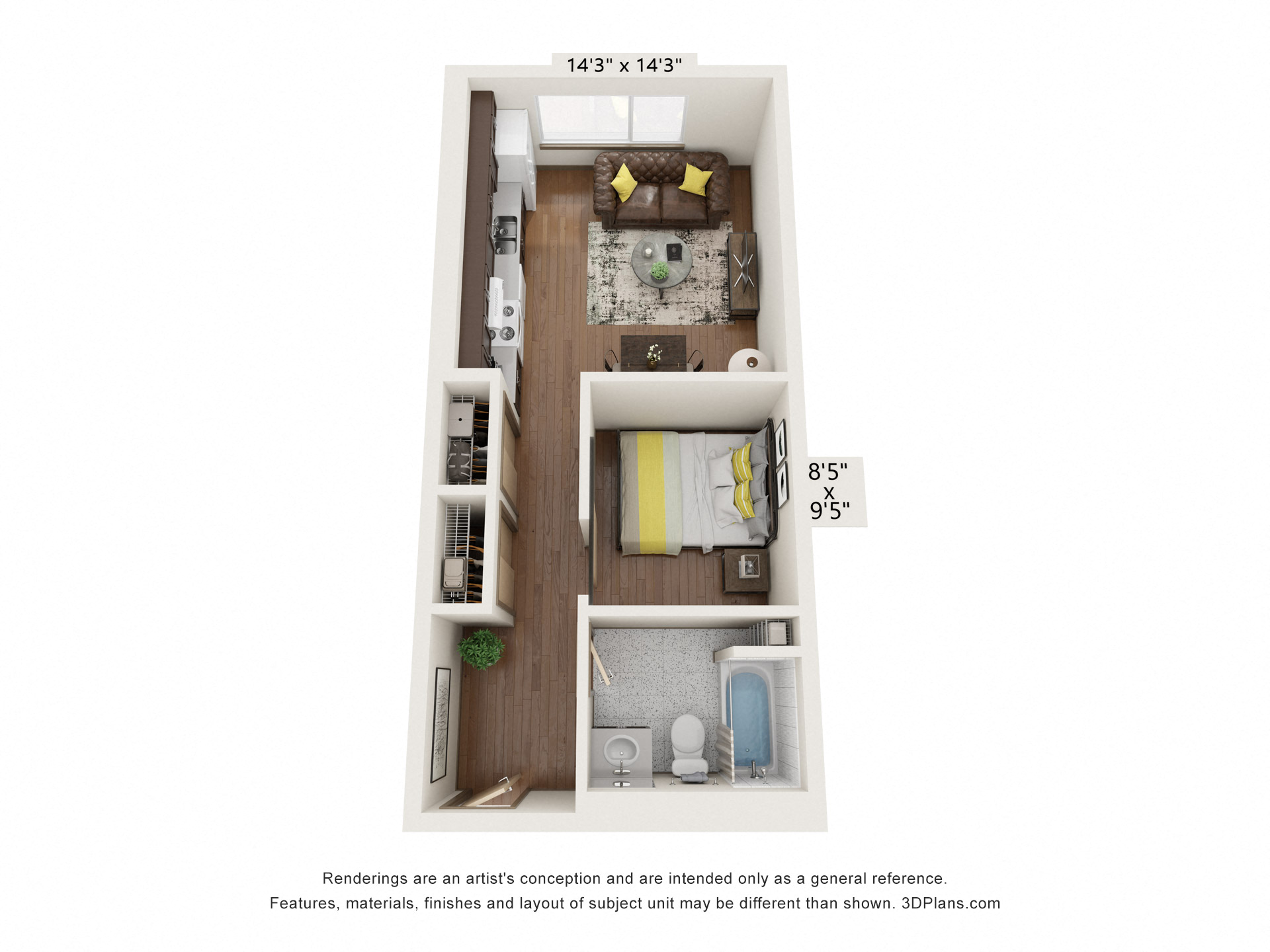 Floor plan for 1 bed, 1 bath, 495 sqft